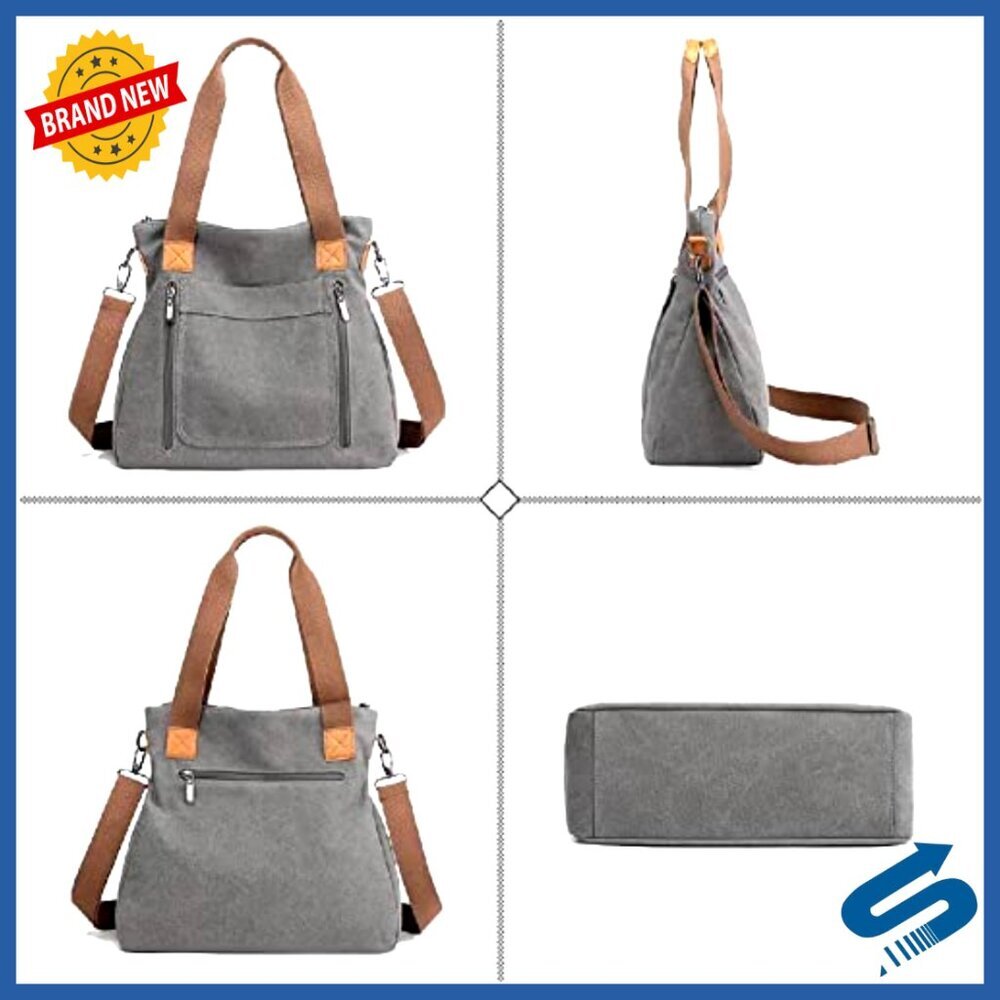 Canvas Hobo Bag Large Tote Shoulder Crossbody Casual Shopper Multi-Pocket - Picture 4 of 7